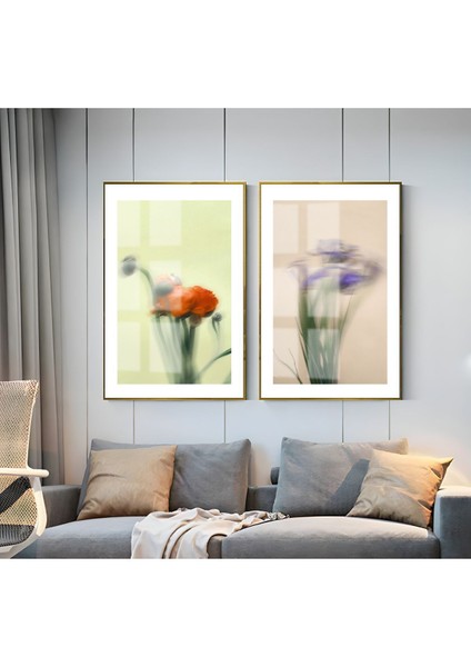 Kırmızı Mor Blurry Çiçek Kombini Çerçeveli Cam Tablo 2'li