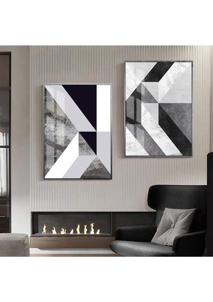 Siyah Beyaz Soyut Kombini Çerçeveli Cam Tablo 2'li