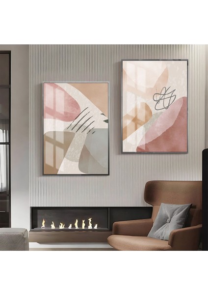 Turuncu Gri Krem Soyut Şekil Kombin Çerçeveli Cam Tablo 2'li