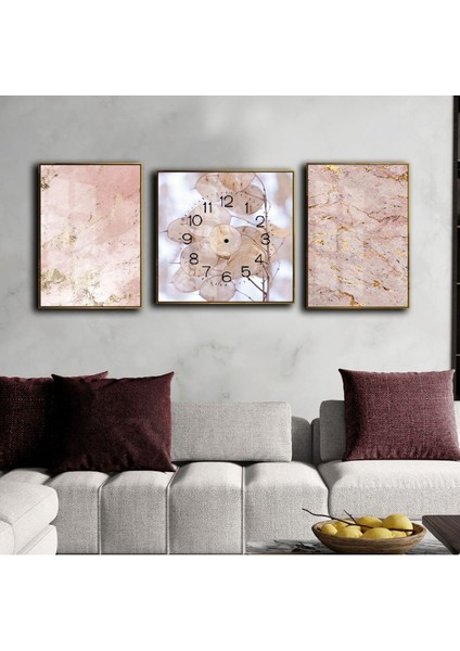 Pembe Beyaz Gold Soyut Çiçek Desenli Kombin Modeli Çerçeveli Saatli Cam Tablo