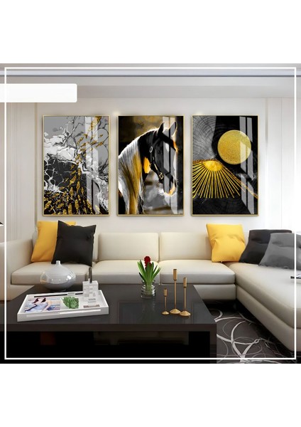 Siyah Gold Soft Renk Soyut At Seti Çerçeveli Cam Tablo 3'lü