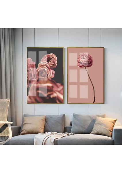 Gül Kurusu Tonlar Gül Kombini Çerçeveli Cam Tablo 2'li
