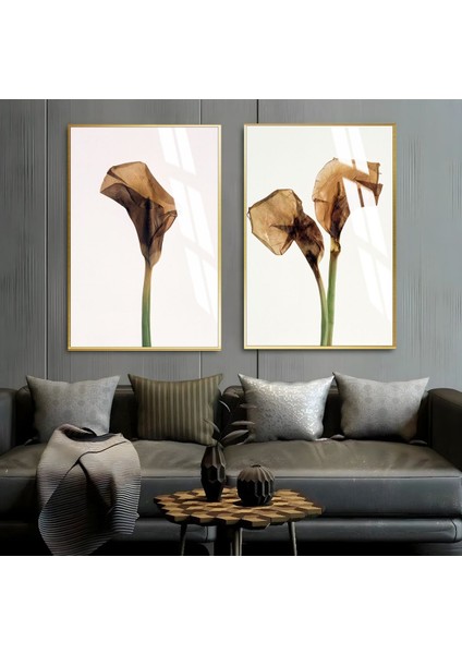 Kahve Yeşil Gala Çiçeği Kombin Çerçeveli Cam Tablo 2'li