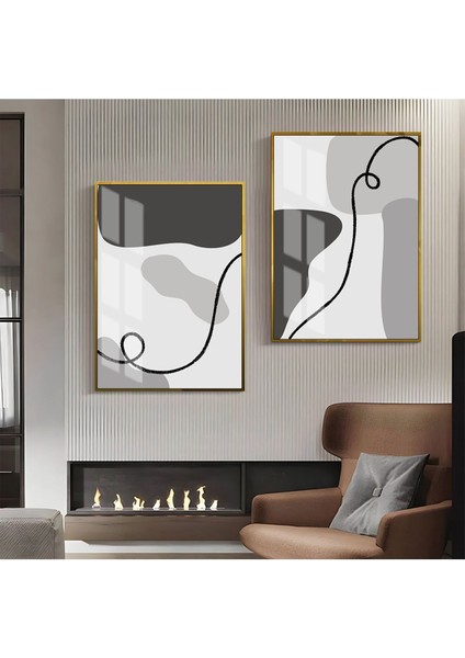 Gri Tonlar Soyut Abstract Kombin Çerçeveli Cam Tablo 2'li