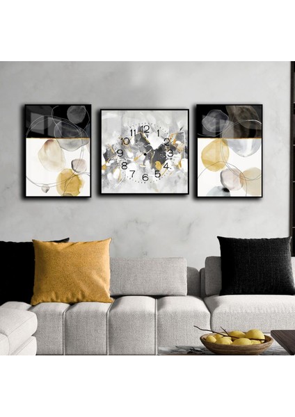 Siyah Gri Gold Yuvarlak Desenli Soyut Kombin Çerçeveli Saatli Cam Tablo