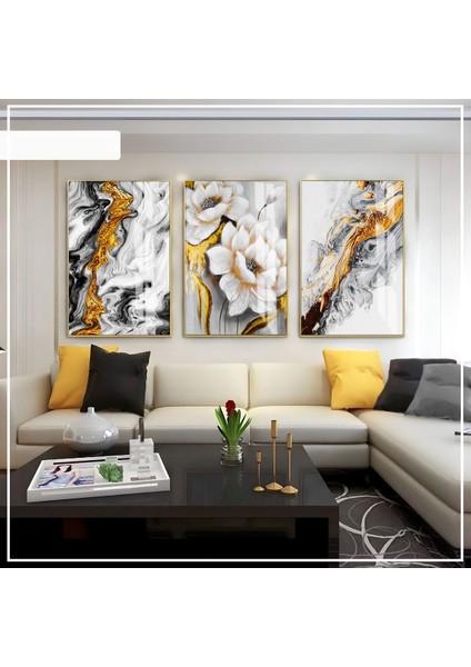 Beyaz Siyah Gold Soft Renk Soyut Çiçek Kombini Çerçeveli Cam Tablo 3'lü