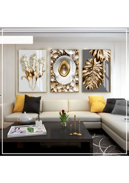 Beyaz Gri Gold Soft Renk Yaprak Inci Seti Çerçeveli Cam Tablo 3'lü
