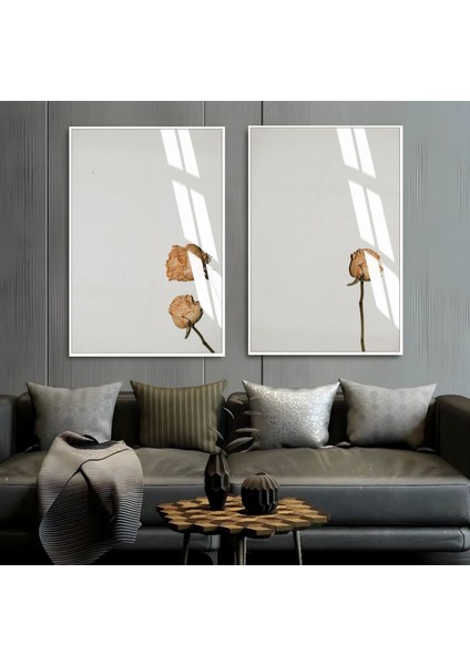 Kuru Gül Kombini Çerçeveli Cam Tablo 2'li