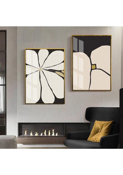 Krem Gri Sarı Soyut Çiçek Kombin Çerçeveli Cam Tablo 2'li