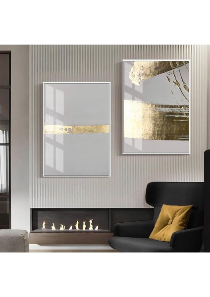 Gold Gri Desenli Soyut Kombin Modelei Çerçeveli Cam Tablo 2'li