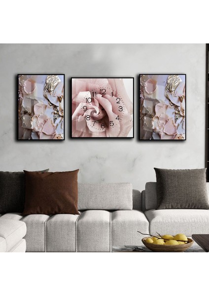 Gül Kurusu Gold Soft Gül Kombin Seti Çerçeveli Saatli Cam Tablo