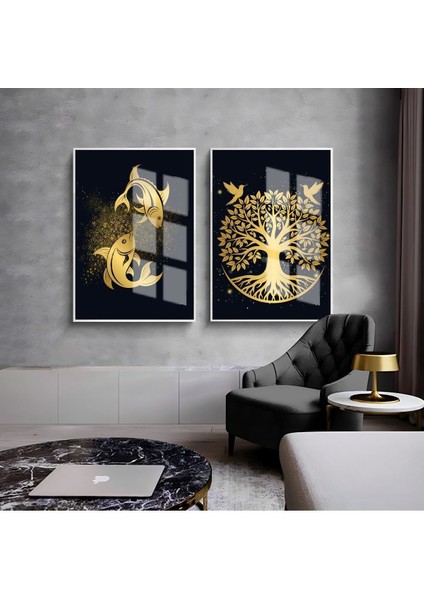 Gold Siyah Yaşam Ağacı Ve Balık Kombini Çerçeveli Cam Tablo 2'li