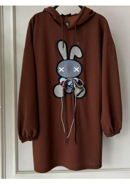 Tavşan Desenli Kapişonlu Sweetshirt Kahverengi - M