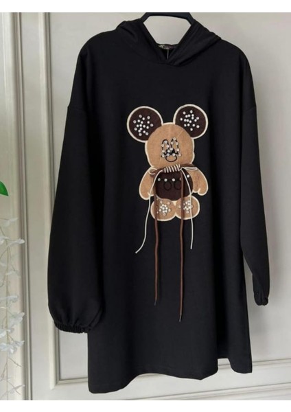 Tavşan Desenli Kapişonlu Sweetshirt Siyah - M