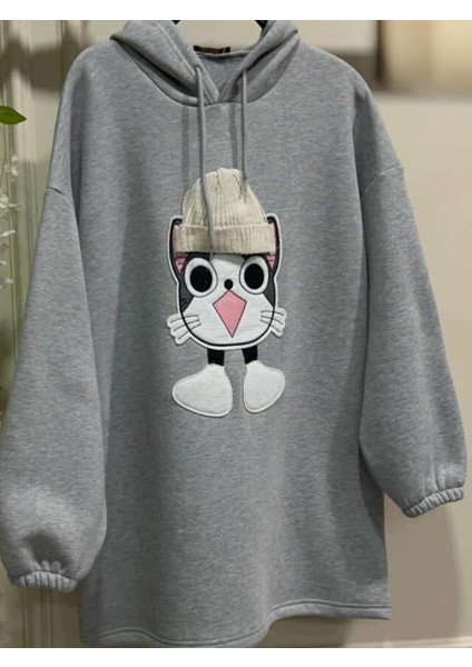 Kedicik Desenli Kapişonlu Sweetshirt Gri - S