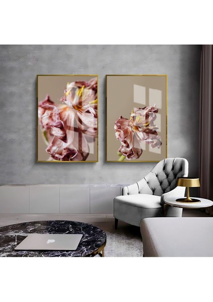Bej Gül Kurusu Kadife Çiçek Kombini Çerçeveli Cam Tablo 2'li