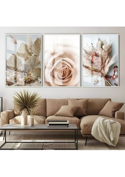 Gül Kurusu Çiçek Kombin Çerçeveli Cam Tablo 3'lü