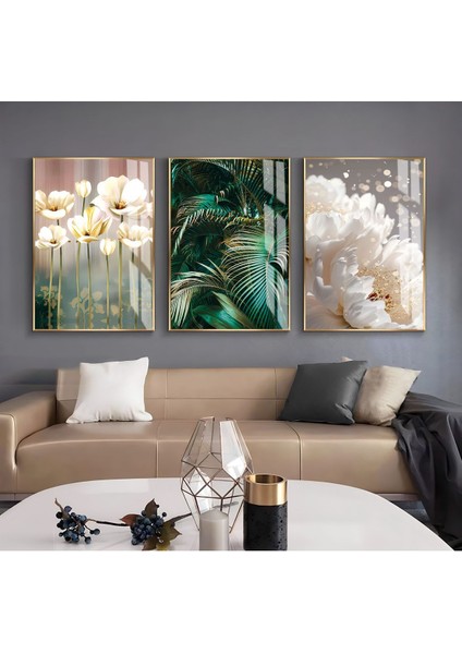 Krem Gold Yeşil Renk Soyut Soft Yaprak Kombin Çerçeveli Cam Tablo 3'lü