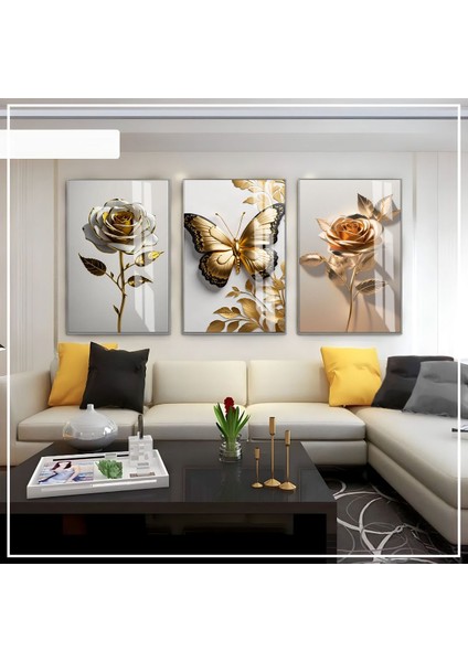 Beyaz Krem Siyah Gold Soft Gül Seti Çerçeveli Cam Tablo 3'lü