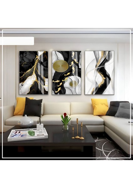 Siyah Gold Renk Soyut Balık Desen Set Çerçeveli Cam Tablo 3'lü