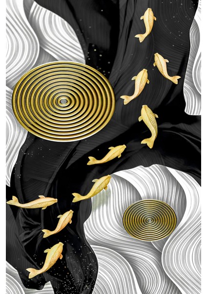 Siyah Gold Renk Soyut Balık Desen Set Çerçeveli Cam Tablo 3'lü fırsatları