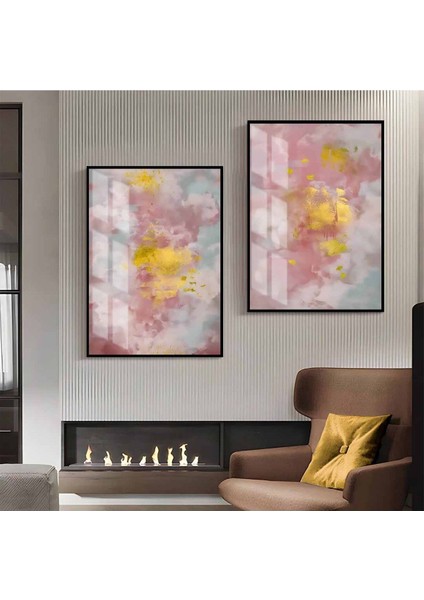 Pembe Gold Desenli Soyut Kombini Çerçeveli Cam Tablo 2'li