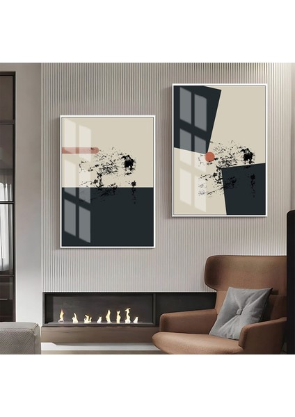 Gri Pembe Bej Soyut Abstract Kombin Çerçeveli Cam Tablo 2'li