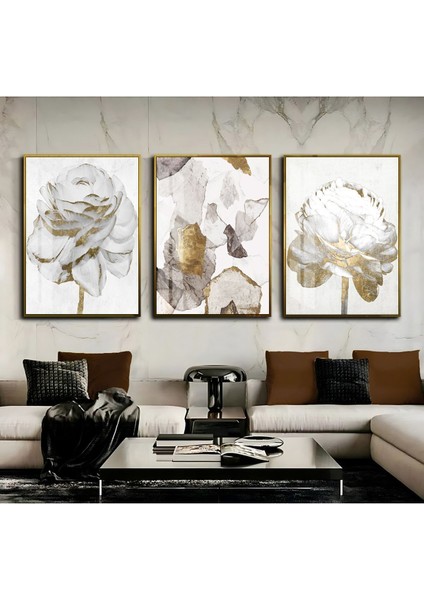 Beyaz Gold Soyut Gül Kombini Çerçeveli Cam Tablo 3'lü