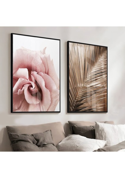 Gül Kurusu Pembe Gold Renk Çiçek Ve Soyut Kombini Çerçeveli Cam Tablo 2'li
