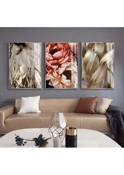 Siyah Gold Renk Soyut Şakayık Ve Yaprak Kombin Çerçeveli Cam Tablo 3'lü