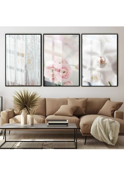 Beyaz Pembe Gül Kombini Çerçeveli Cam Tablo 3'lü