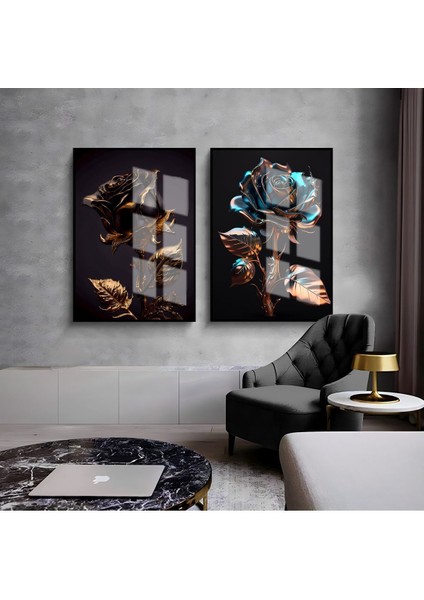 Siyah Gold Gül Kombini Çerçeveli Cam Tablo 2'li