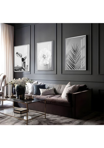 Siyah Beyaz Çiçek Kombin Çerçeveli Cam Tablo 3'lü