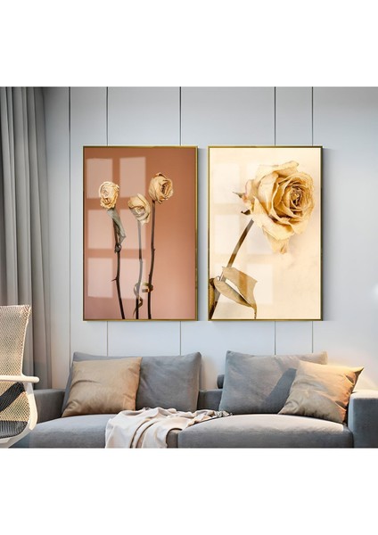 Gül Kurusu Krem Gül Kombini Çerçeveli Cam Tablo 2'li