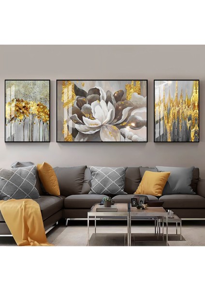 Gri Syah Gold Gül Kombini Çerçeveli Temperli Cam Tablo 3'lü