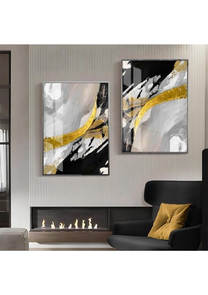 Siyah Gold Gri Soyut Abstract Kombin Çerçeveli Cam Tablo 2'li