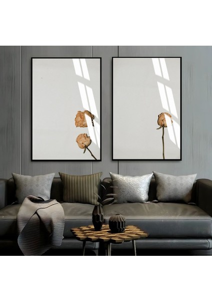 Kuru Gül Kombini Çerçeveli Cam Tablo 2'li