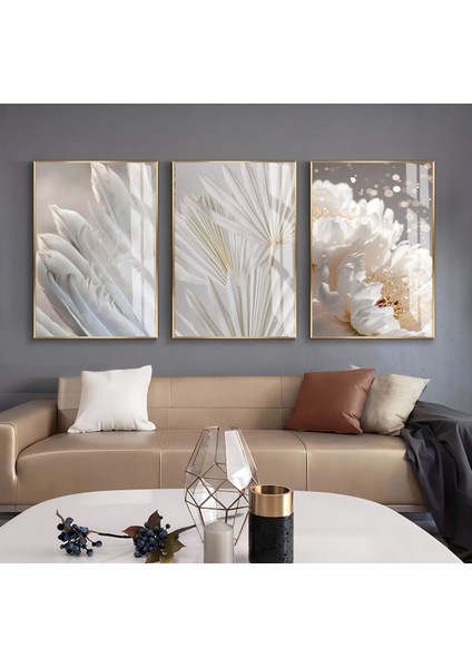 Beyaz Krem Gold Soft Renk Soyut Yaprak Tüy Seti Çerçeveli Cam Tablo 3'lü
