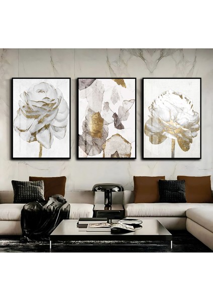 Beyaz Gold Soyut Gül Kombini Çerçeveli Cam Tablo 3'lü