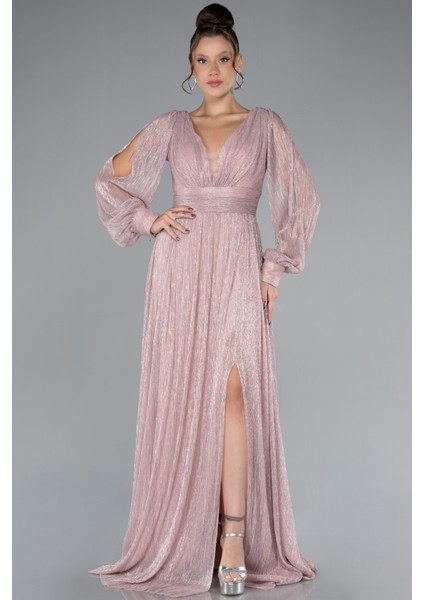 Uzun Kol Bacak Dekolteli Simli Abiye Elbise ABU2905