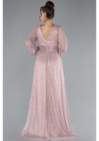 Uzun Kol Bacak Dekolteli Simli Abiye Elbise ABU2905 fiyatları