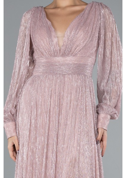 Uzun Kol Bacak Dekolteli Simli Abiye Elbise ABU2905 modelleri