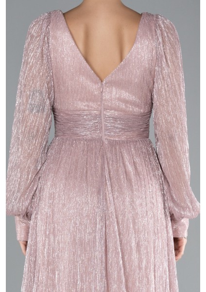 Uzun Kol Bacak Dekolteli Simli Abiye Elbise ABU2905 fırsatları