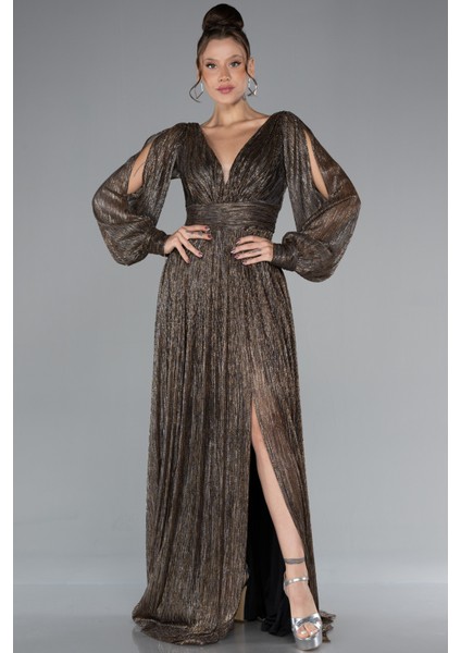 Uzun Kol Bacak Dekolteli Simli Abiye Elbise ABU2905