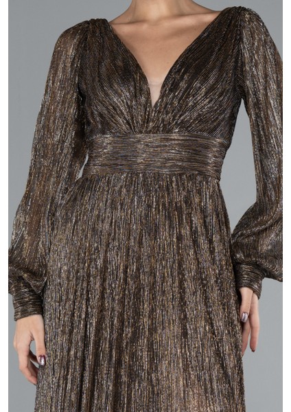 Uzun Kol Bacak Dekolteli Simli Abiye Elbise ABU2905 modelleri