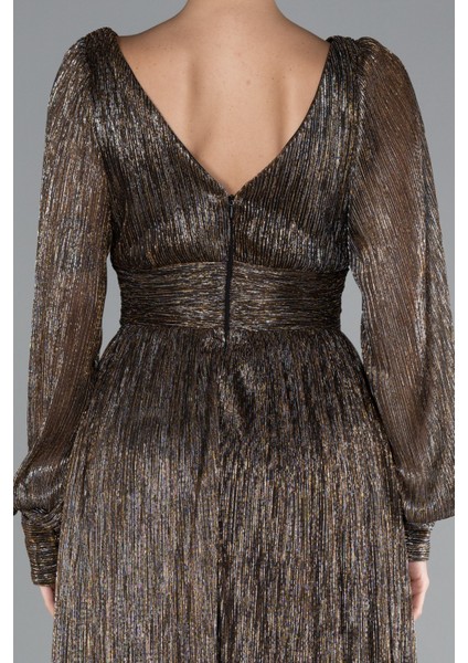 Uzun Kol Bacak Dekolteli Simli Abiye Elbise ABU2905 fırsatları