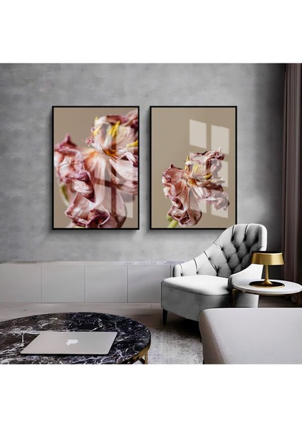 Bej Gül Kurusu Kadife Çiçek Kombini Çerçeveli Cam Tablo 2'li