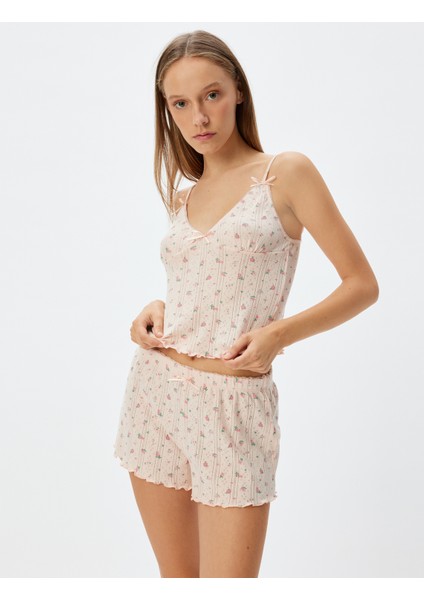 Çiçekli Askılı Crop Pijama Üstü Fiyonk Detaylı Pamuklu