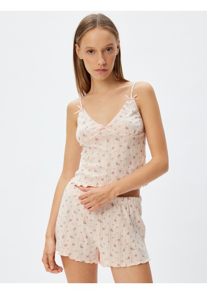 Çiçekli Askılı Crop Pijama Üstü Fiyonk Detaylı Pamuklu modelleri