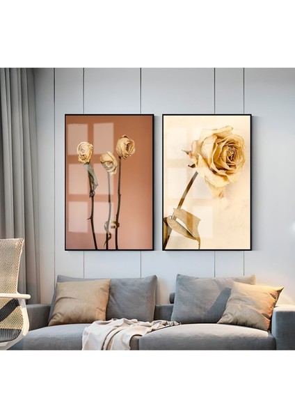 gül Kurusu-Krem Gül Kombini 01 |çerçeveli Cam Tablo 2li Dikey